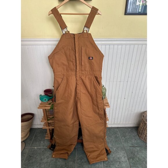 Dickies Mens Brown Insulated Bib Overalls Size L - Picture 1 of 10
